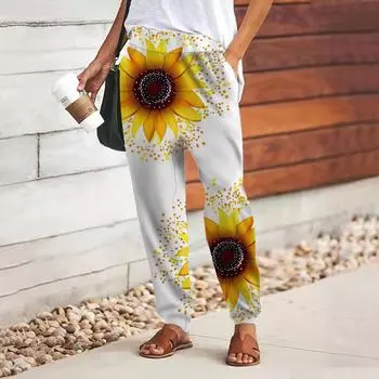 Женские брюки с принтом 3D белого подсолнуха, свободные брюки со шнуровкой и эластичным поясом, повседневные длинные брюки с карманами XS белый