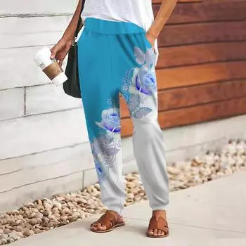 Женские брюки с принтом 3D Blue Pearl Rose, свободные брюки со шнуровкой и эластичным поясом, повседневные длинные брюки с карманами XS темно-синий