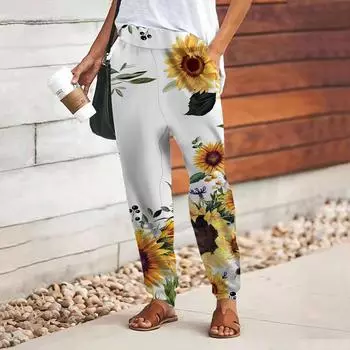 Женские брюки с принтом 3D Green Sunflower, свободные брюки со шнуровкой и эластичным поясом, повседневные длинные брюки с карманами XS белый