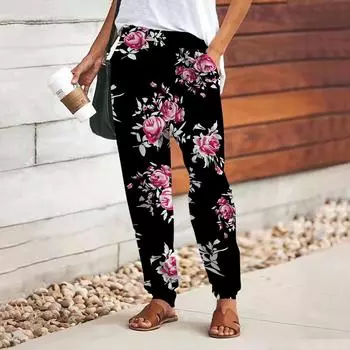 Женские брюки с принтом 3D Pink Crystal Rose, свободные брюки со шнуровкой и эластичным поясом, повседневные длинные брюки с карманами XS зелёный