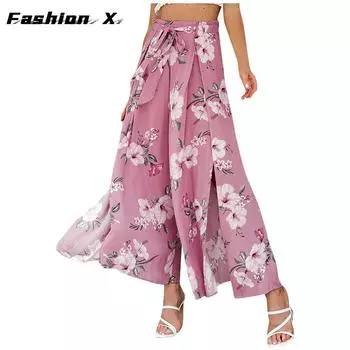 Женские брюки с принтом, эластичный пояс, широкие брюки с высокой талией, длинные брюки-кюлоты S розовый