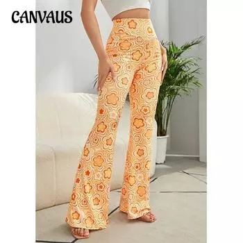 Женские брюки с принтом, бытовые повседневные брюки, расклешенные брюки XS зелёный