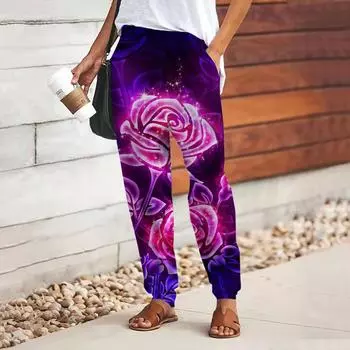Женские брюки с принтом фиолетовой розы 3D, свободные брюки со шнуровкой и эластичным поясом, повседневные длинные брюки с карманами XS фиолетовый