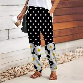 Женские брюки с принтом хризантем в виде черного 3D-горошка, свободные брюки со шнуровкой и эластичным поясом, повседневные длинные брюки с карманами XS белый