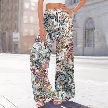 Женские брюки с принтом и широкими штанинами, с карманами, с высокой талией, на кулиске, свободные, повседневные S