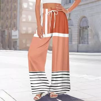 Женские брюки с принтом и широкими штанинами, с карманами, с высокой талией, на кулиске, свободные, повседневные L оранжевый
