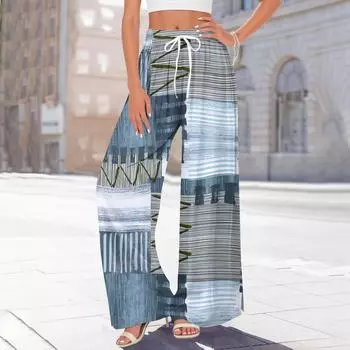 Женские брюки с принтом и широкими штанинами, с карманами, с высокой талией, на кулиске, свободные, повседневные XL синий
