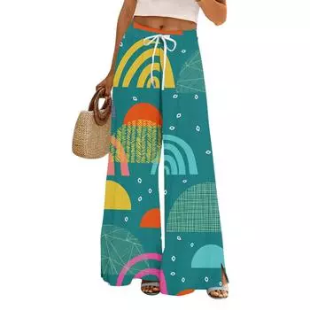 Женские брюки с принтом и широкими штанинами, с карманами, с высокой талией, на кулиске, свободные, повседневные L