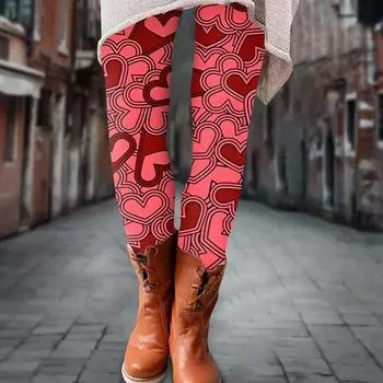 Женские брюки с принтом ко Дню святого Валентина, эластичные, мягкие, повседневные, домашние, спальные брюки L горячий розовый