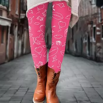 Женские брюки с принтом ко Дню святого Валентина, эластичные, мягкие, повседневные, домашние, спальные брюки L горячий розовый