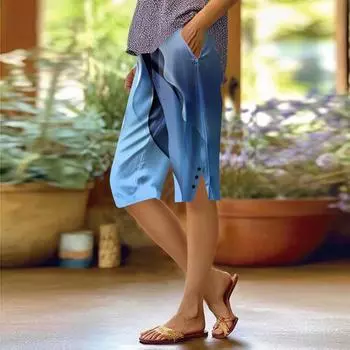 Женские брюки с принтом, модные повседневные шорты с карманами и эластичной резинкой на талии XL синий