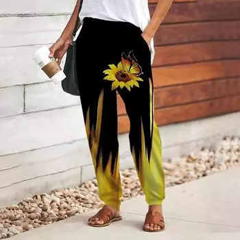 Женские брюки с принтом подсолнечника 3D Gradient, свободные брюки со шнуровкой и эластичным поясом, повседневные длинные брюки с карманами