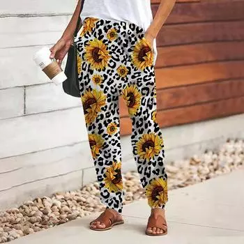 Женские брюки с принтом подсолнухов 3D черного цвета, свободные брюки со шнуровкой и эластичным поясом, повседневные длинные брюки с карманами XS белый
