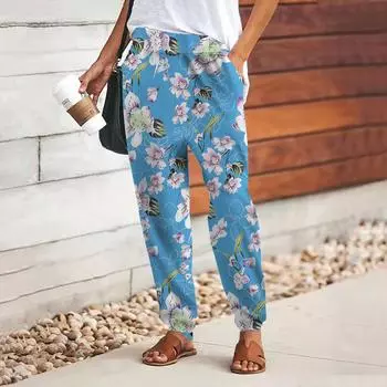 Женские брюки с принтом разноцветных клеверов 3D, свободные брюки со шнуровкой и эластичным поясом, повседневные длинные брюки с карманами XS синий