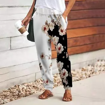Женские брюки с принтом розового пиона 3D, свободные брюки со шнуровкой и эластичным поясом, повседневные длинные брюки с карманами XS белый