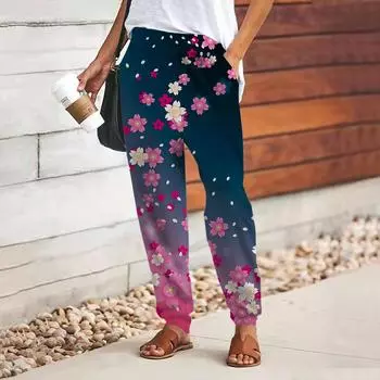 Женские брюки с принтом в виде розовых кристаллов 3D, свободные брюки со шнуровкой и эластичным поясом, повседневные длинные брюки с карманами XS синий