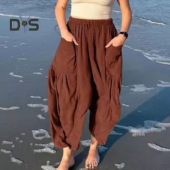 Женские брюки с широкими штанинами, эластичной резинкой на талии, накладными карманами, сплошной цвет, прямые до щиколотки, женские длинные брюки с высокой талией M хаки
