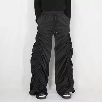 Женские брюки с широкими штанинами, эластичные, с высокой талией, повседневные брюки с карманами, сборчатый дизайн, весна L чёрный