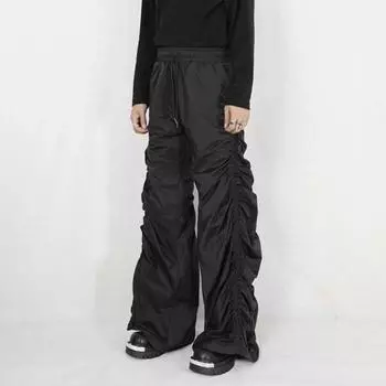 Женские брюки с широкими штанинами, эластичные, с высокой талией, повседневные брюки с карманами, присборенные, весна-осень, длинные брюки XL чёрный