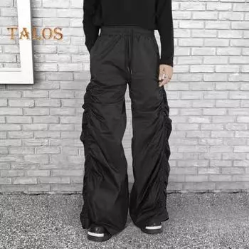 Женские брюки с широкими штанинами, эластичные, с высокой талией, повседневные брюки с карманами, присборенные, весна-осень, длинные брюки M чёрный