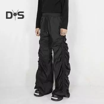 Женские брюки с широкими штанинами, эластичные, с высокой талией, повседневные брюки с карманами, присборенные, весна-осень, длинные брюки XL чёрный