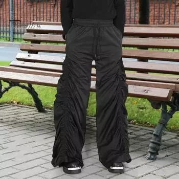 Женские брюки с широкими штанинами, эластичные, с высокой талией, повседневные брюки с карманами, присборенные, весна-осень, длинные брюки XL чёрный