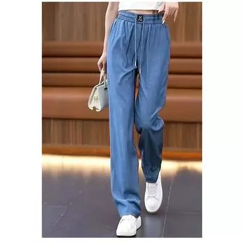 Женские брюки с широкими штанинами из тонкого ледяного шелка, эластичные, с высокой талией, для мам среднего возраста, летние, свободные, прямые, повседневные, универсальные брюки S светло-синий