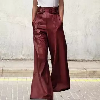 Женские брюки с широкими штанинами Элегантные женские расклешенные кожаные брюки с карманами на высокой талии Стильные брюки с широкими штанинами для работы и отдыха S вино красного