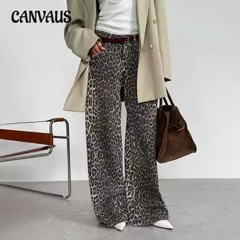 Женские брюки с широкими штанинами с леопардовым принтом, осенние свободные повседневные брюки для трейлинга Y2K S цветной печати леопарда