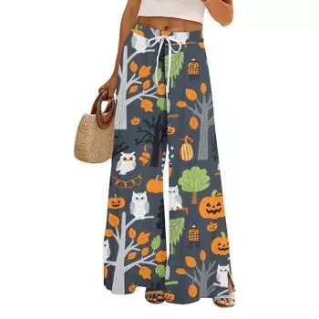 Женские брюки с широкими штанинами с принтом на Хэллоуин, с карманами, с высокой талией, на кулиске, свободные, повседневные XXL