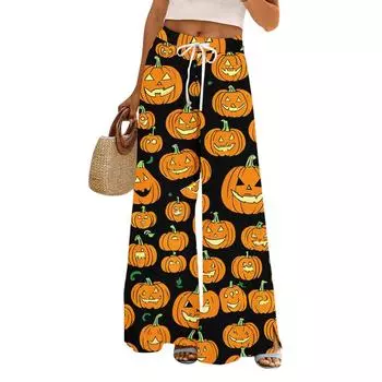 Женские брюки с широкими штанинами с принтом на Хэллоуин, с карманами, с высокой талией, на кулиске, свободные, повседневные L верблюд