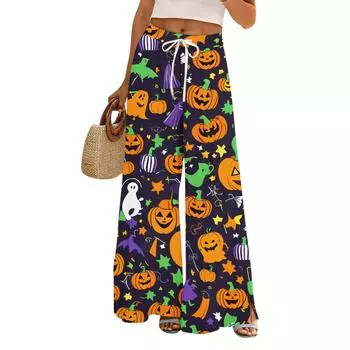 Женские брюки с широкими штанинами с принтом на Хэллоуин, с карманами, с высокой талией, на кулиске, свободные, повседневные S