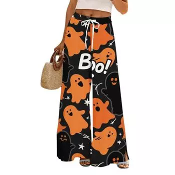 Женские брюки с широкими штанинами с принтом на Хэллоуин, с карманами, с высокой талией, на кулиске, свободные, повседневные XXL чёрный