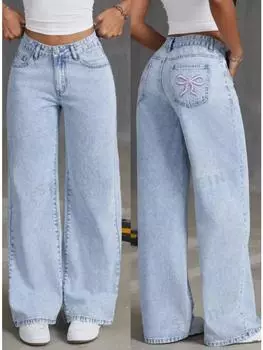 Женские брюки с вышитым бантом на заднем кармане, модные, широкие, универсальные, стираные, джинсовые брюки, винтаж 2000 года S