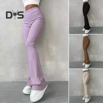 Женские брюки с высокой эластичной талией, эластичные однотонные нитки, облегающие брюки с расклешенным подолом, мягкие теплые длинные спортивные брюки для йоги, осенне-зимние спортивные штаны S чёрный
