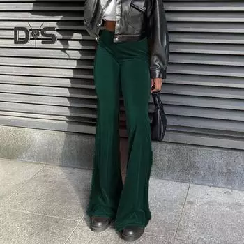 Женские брюки с высокой эластичной талией длиной до пола, однотонные, облегающие, с расклешенным подолом, мягкие эластичные женские дышащие уличные брюки в стиле хип-хоп, длинные брюки M темно-зеленого