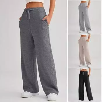 Женские брюки с высокой эластичной талией и широкими штанинами, свободные однотонные мягкие повседневные брюки на шнурке с карманами полной длины, простой стиль, женские спортивные штаны для йоги XL светло-серый