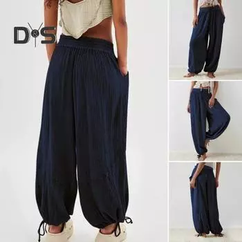 Женские брюки с высокой эластичной талией, затягивающимся шнурком, широкие свободные штанины, глубокий шаговый шов, складки на щиколотке, карманы, однотонные мягкие женские повседневные брюки 2XL светло-синий
