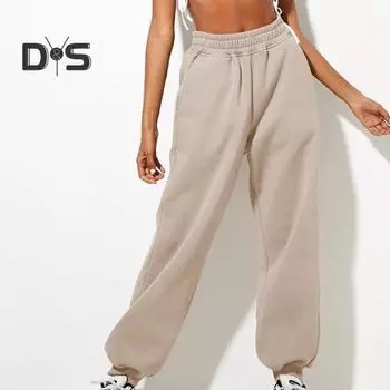 Женские брюки с высокой резинкой на талии, с резинкой на щиколотке, однотонные, повседневные, мягкие, теплые, с карманами, свободные, весенне-осенние, спортивные брюки для бега S белый