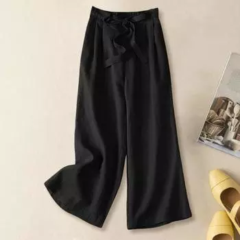 Женские брюки с высокой талией, эластичные повседневные брюки с однотонной талией и галстуком-бабочкой, широкие брюки-палаццо с карманами, свободные 3XL чёрный