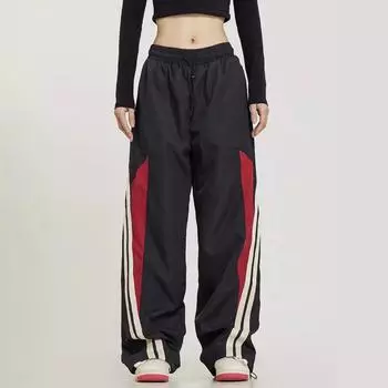 Женские брюки с высокой талией, эластичные, регулируемые, с завязками на шнурке, широкие брюки с вертикальными полосками, спортивные брюки в стиле ретро M чёрный