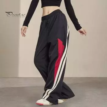 Женские брюки с высокой талией, эластичные, регулируемые, с завязками на шнурке, широкие брюки с вертикальными полосками, спортивные брюки в стиле ретро M чёрный