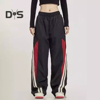 Женские брюки с высокой талией, эластичные, регулируемые, с завязками на шнурке, широкие брюки с вертикальными полосками, спортивные брюки в стиле ретро M чёрный
