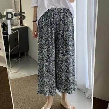 Женские брюки с высокой талией, эластичные, широкие брюки с цветочным принтом, драпированные, плиссированные, длинные брюки, домашние брюки для отдыха зелёный
