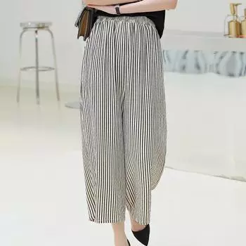 Женские брюки с высокой талией, большие размеры, свободные повседневные полосатые летние брюки с эластичной резинкой на талии, большие размеры XL чёрный
