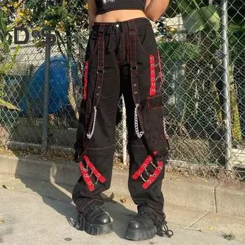 Женские брюки с высокой талией, цветные широкие повседневные брюки свободного кроя, ретро-крутые длинные брюки в уличном стиле M чёрный