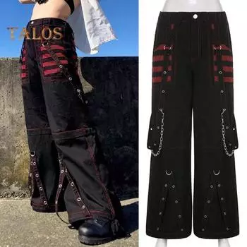 Женские брюки с высокой талией, цветные широкие повседневные брюки свободного кроя, ретро-крутые длинные брюки в уличном стиле S чёрный