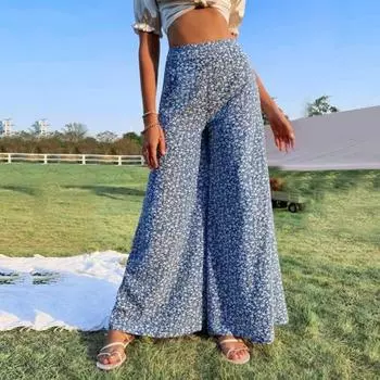 Женские брюки с высокой талией, цветочным принтом, широкие брюки в винтажном стиле, свободный крой, повседневные длинные брюки с карманами L синий