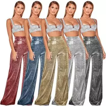 Женские брюки с высокой талией и блестками, расклешенные брюки с блестками, одежда для вечеринок и клубов S чёрный