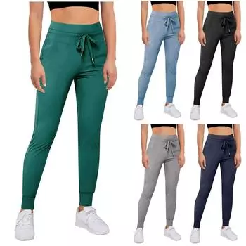 Женские брюки с высокой талией и боковым карманом на шнуровке, простые крутые брюки для йоги полной длины XL чёрный